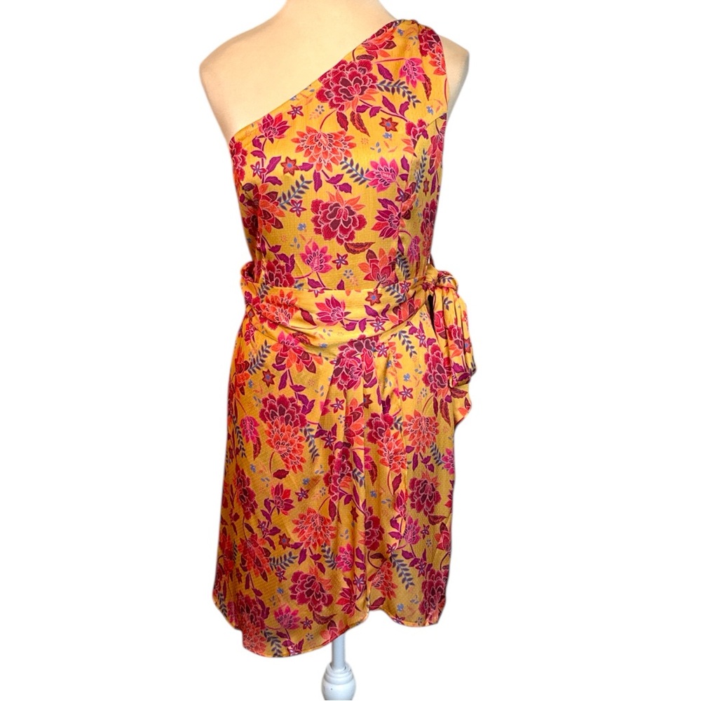 Heartloom Estrella Floral One Shoulder Wrap Mini Dress Pink Yellow S